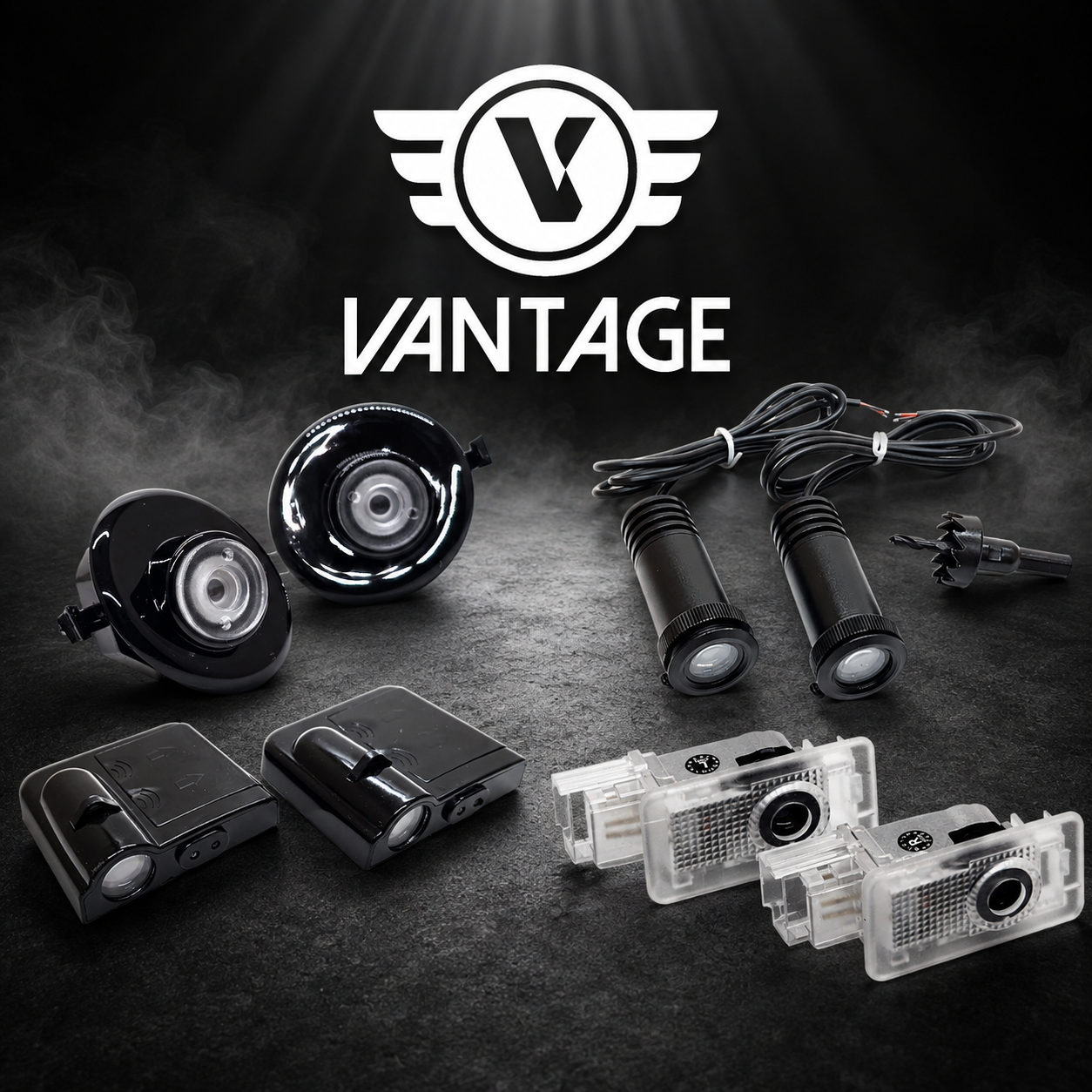 Vantage automotive puddle lights including retrofit, wireless, door replacement and mirror replacement styles